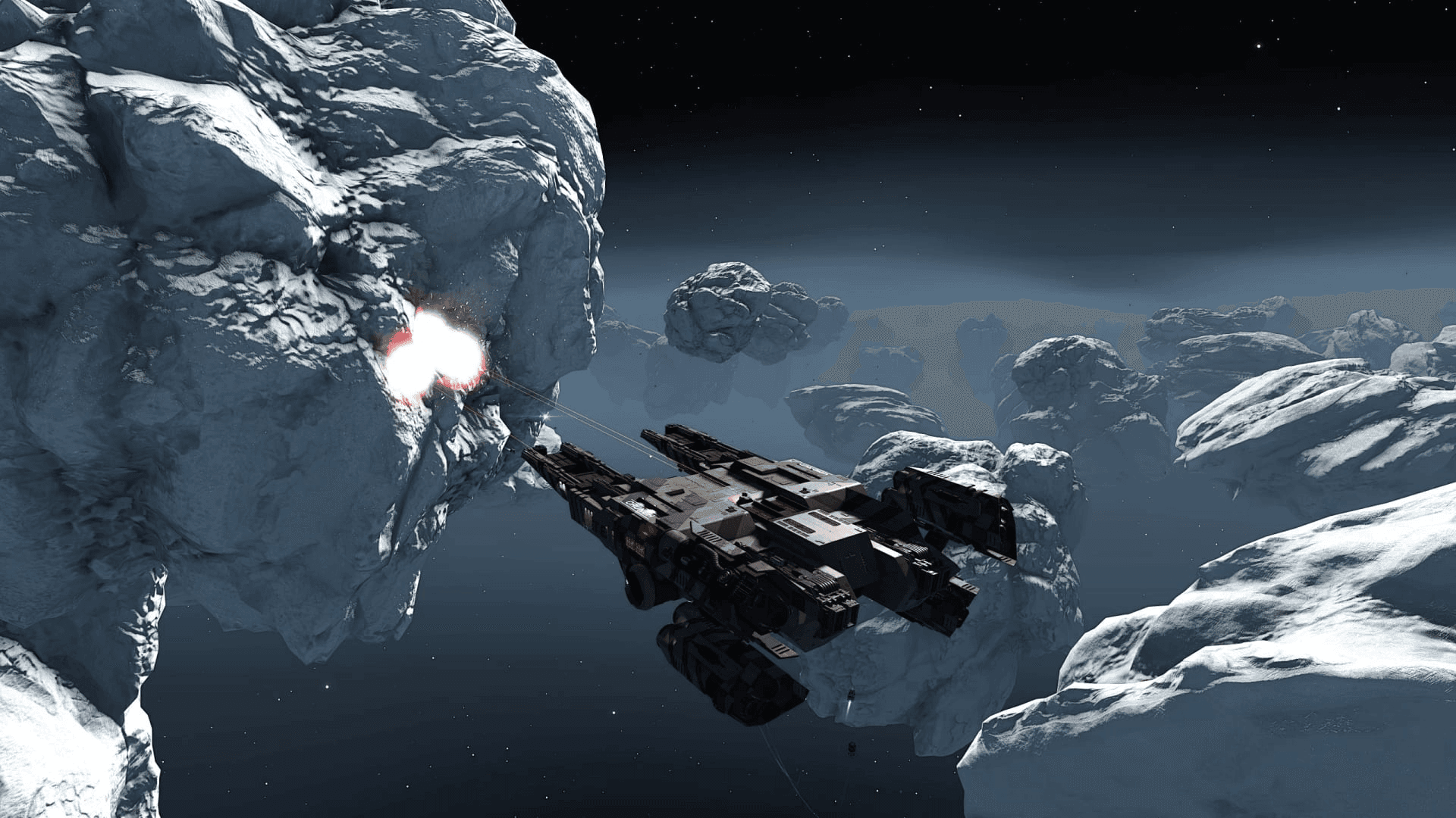 A Type-8 holds mining lasers on an icy asteroid. - Source Elite Dangerous Wiki