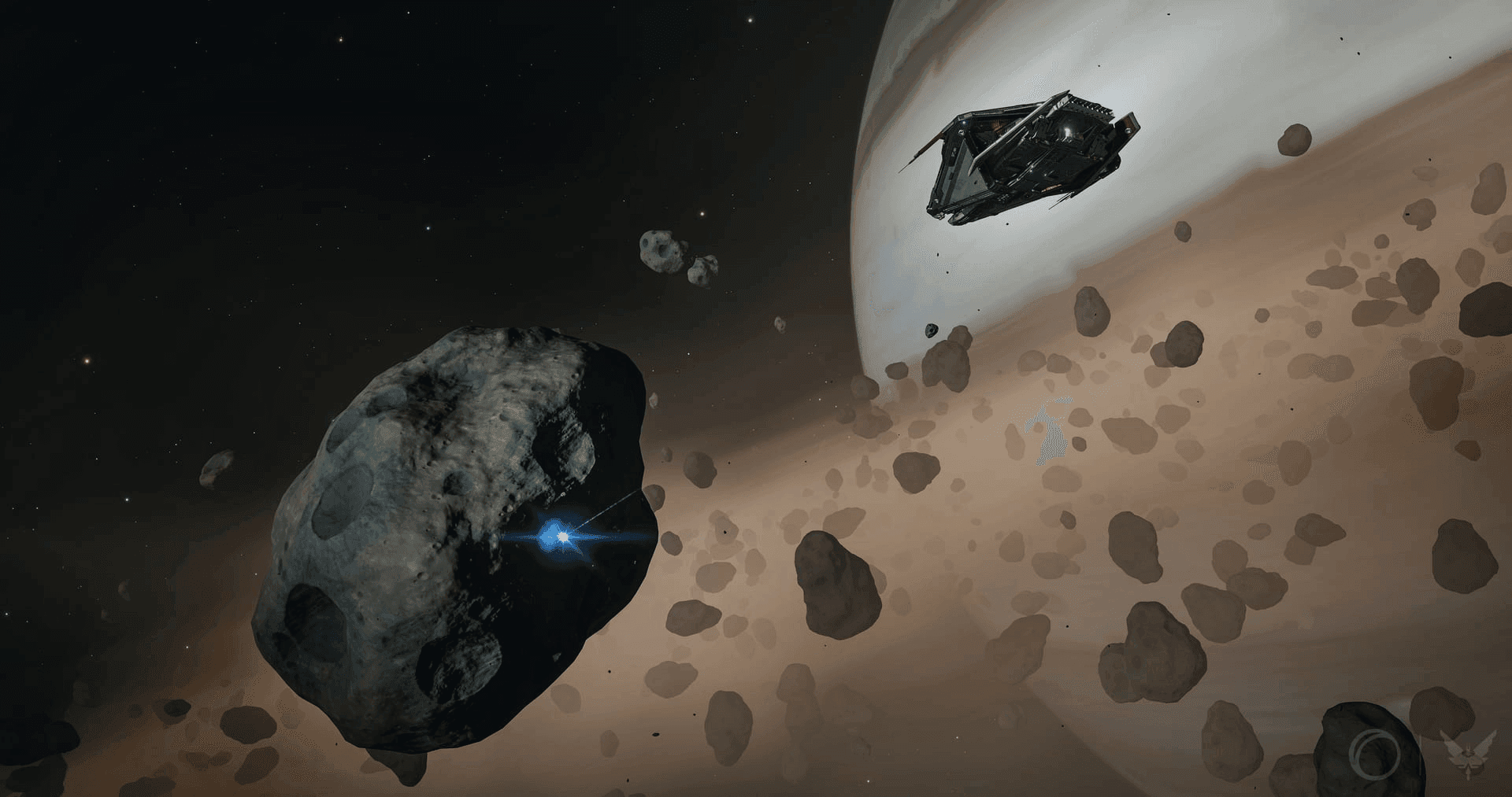 A prospector limpet strikes an asteroid in a ring around a gas giant. - Source Elite Dangerous Forums