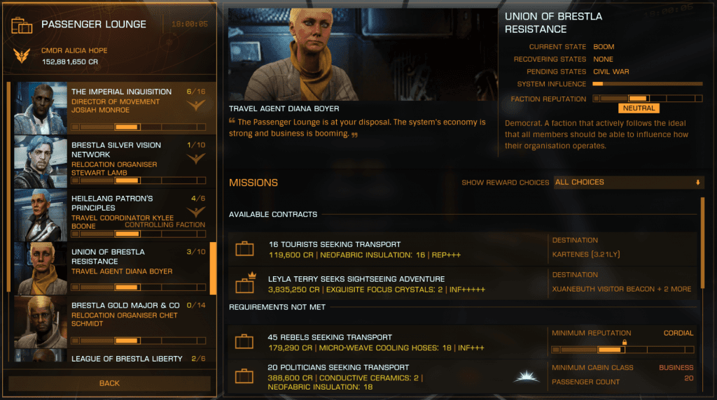 The Passenger Lounge — factions and their reputation bars on the left, available contracts above a Requirements Not Met list naming the minimum reputation and cabin class each locked offer wants. - Source ED-DSN